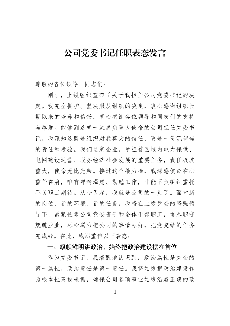 公司党委书记任职表态发言_第1页