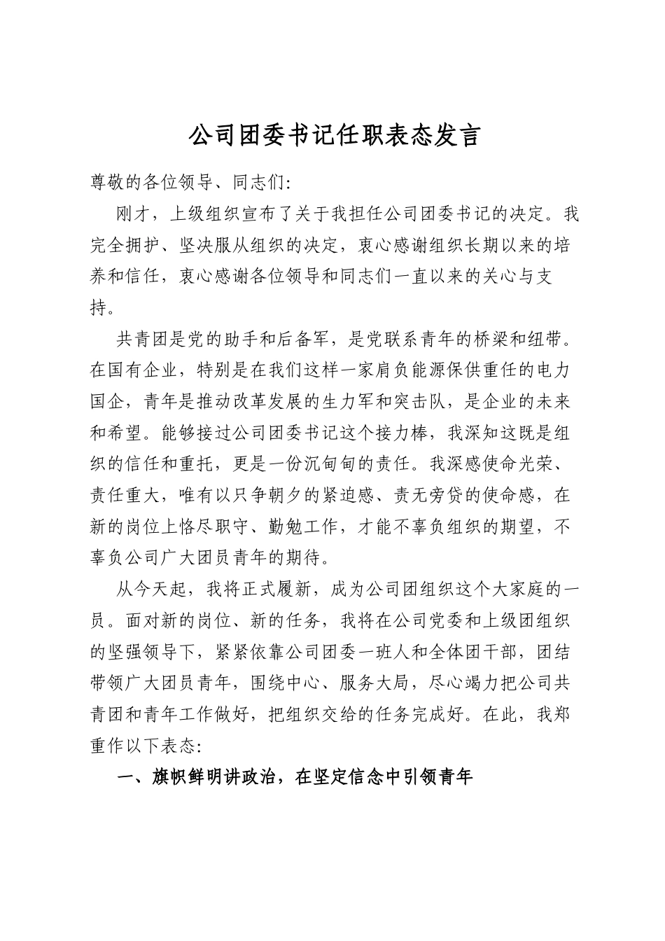 公司团委书记任职表态发言_第1页
