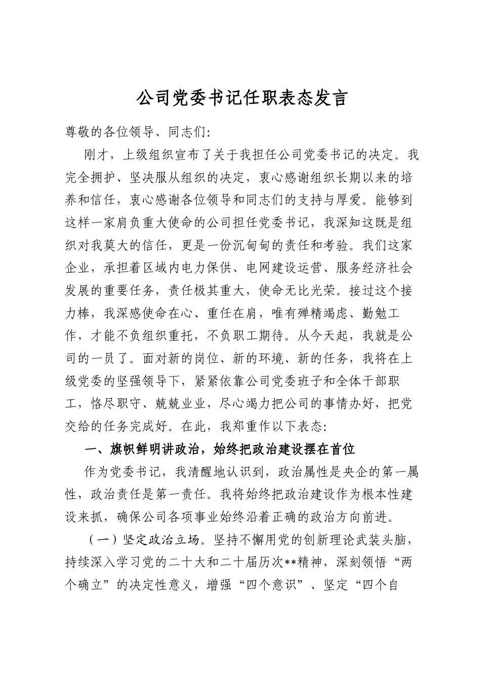 公司党委书记任职表态发言_第1页