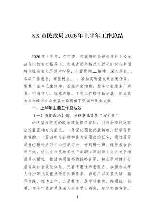 XX市民政局2026年上半年工作总结