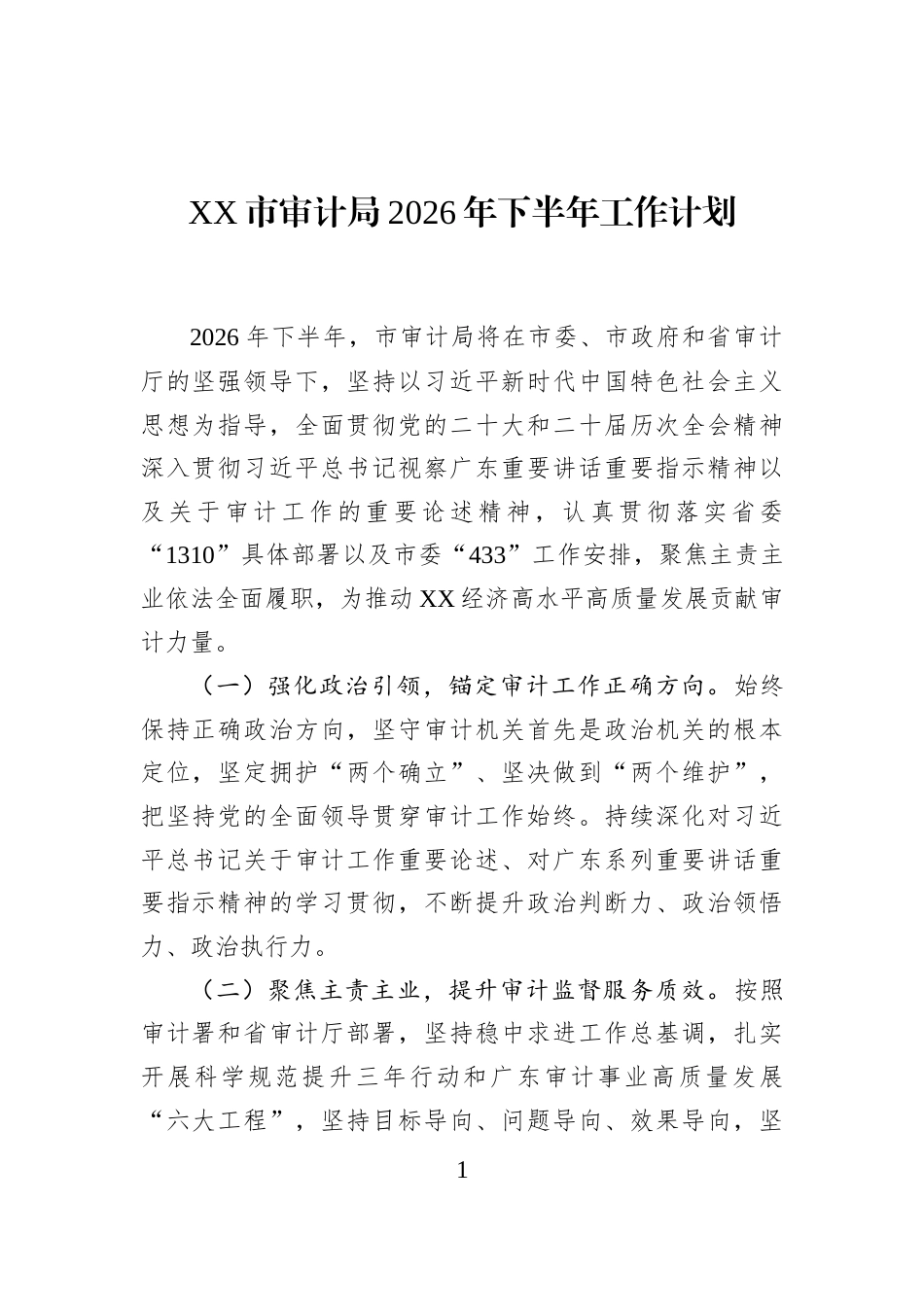 XX市审计局2026年下半年工作计划_第1页