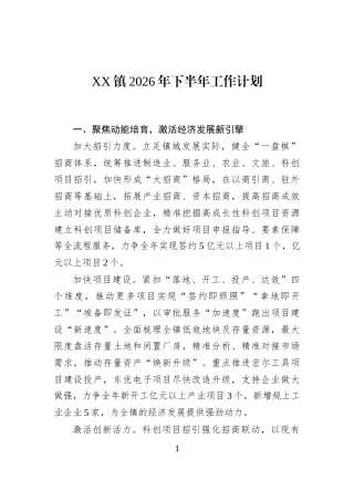 XX镇2026年下半年工作计划