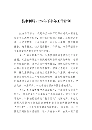 县水利局2026年下半年工作计划