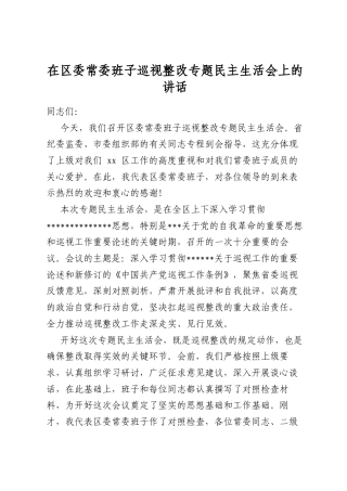 在区委常委班子巡视整改专题民主生活会上的讲话