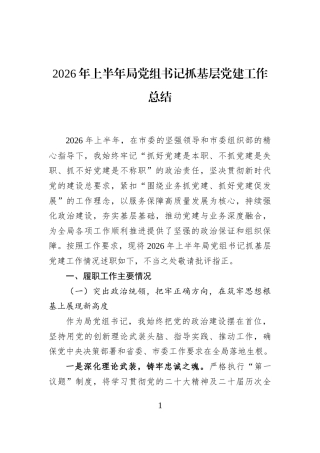2026年上半年局党组书记抓基层党建工作总结