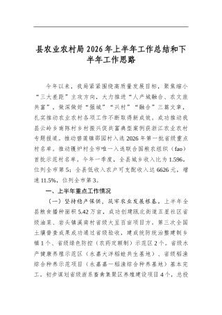 县农业农村局2026年上半年工作总结和下半年工作思路