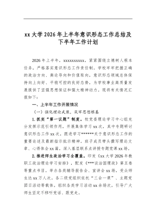 大学2026年上半年意识形态工作总结及下半年工作计划