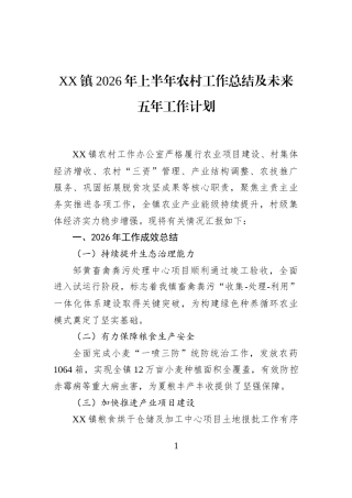 XX镇2026年上半年农村工作总结及未来五年工作计划