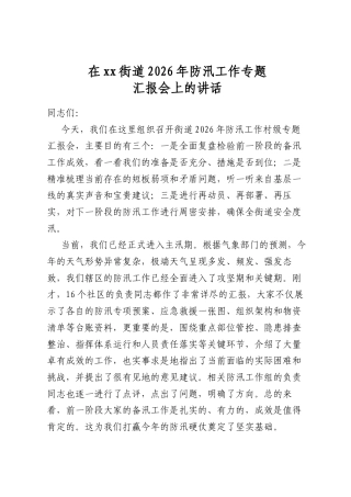 在XX街道2026年防汛工作专题汇报会上的讲话