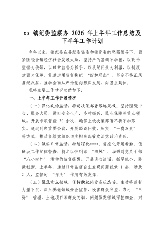 XX镇纪委监察办2026年上半年工作总结及下半年工作计划