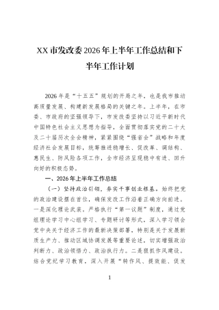 XX市发改委2026年上半年工作总结和下半年工作计划