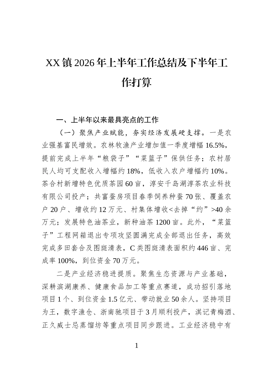 XX镇2026年上半年工作总结及下半年工作打算_第1页