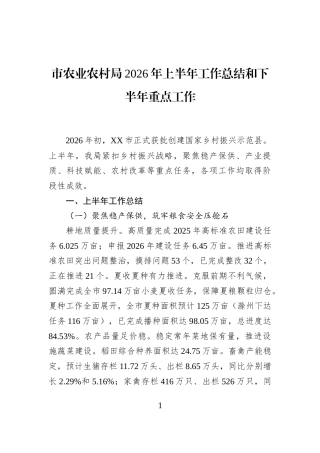市农业农村局2026年上半年工作总结和下半年重点工作