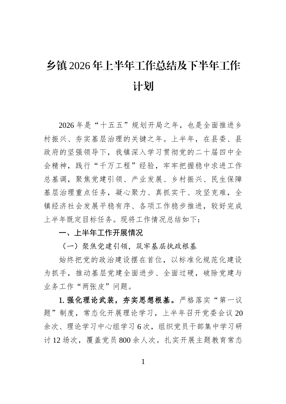 乡镇2026年上半年工作总结及下半年工作计划_第1页