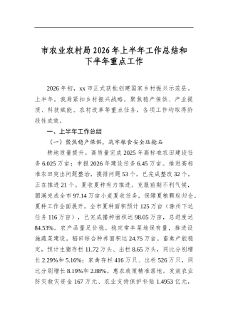 市农业农村局2026年上半年工作总结和下半年重点工作
