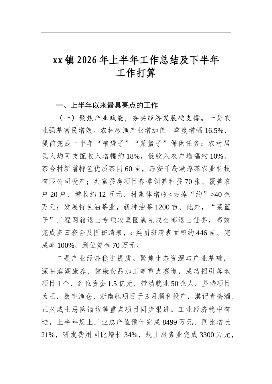 XX镇2026年上半年工作总结及下半年工作打算_第1页