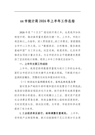 XX市统计局2026年上半年工作总结