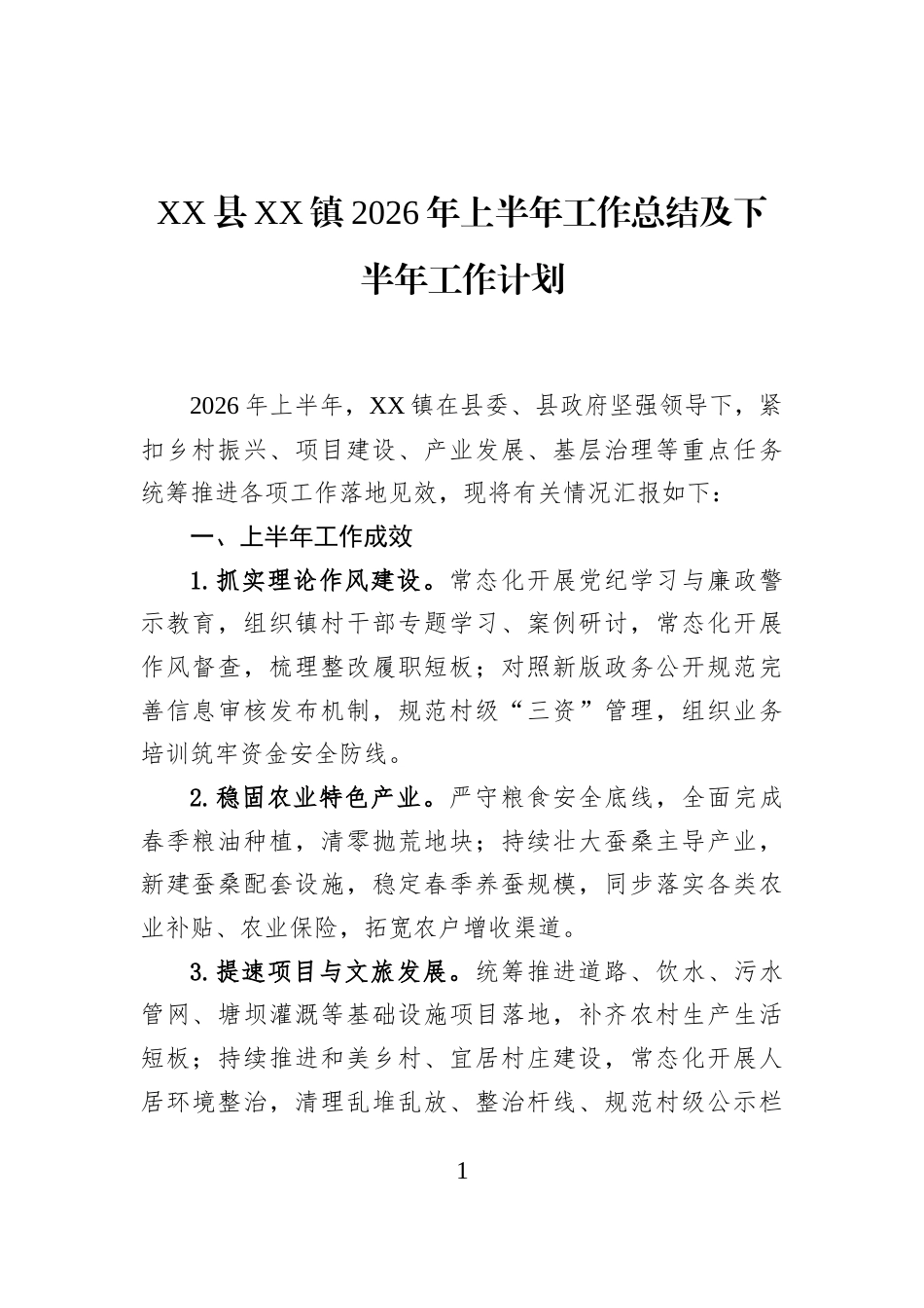 XX县XX镇2026年上半年工作总结及下半年工作计划_第1页