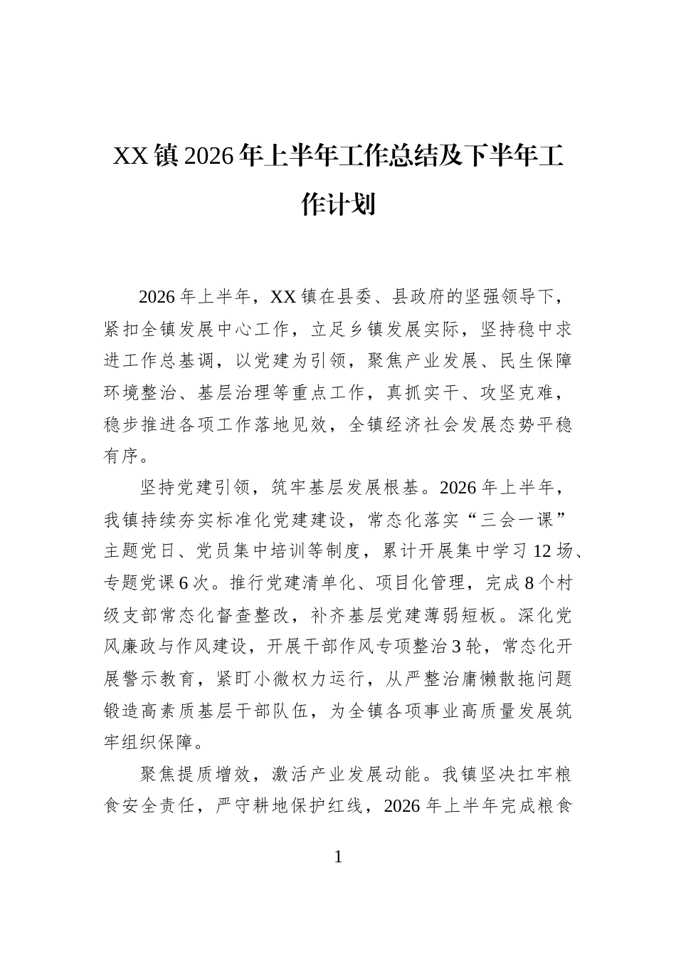 XX镇2026年上半年工作总结及下半年工作计划_第1页