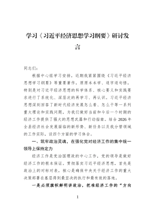 学习《习近平经济思想学习纲要》研讨发言