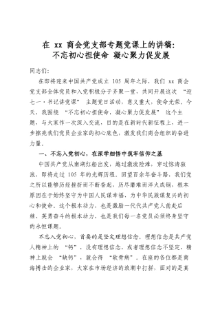 在XX商会党支部专题党课上的讲稿：不忘初心担使命凝心聚力促发展