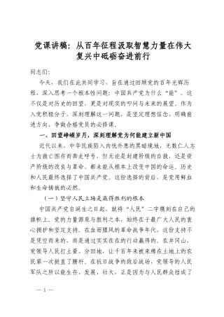 党课讲稿：从百年征程汲取智慧力量在伟大复兴中砥砺奋进前行