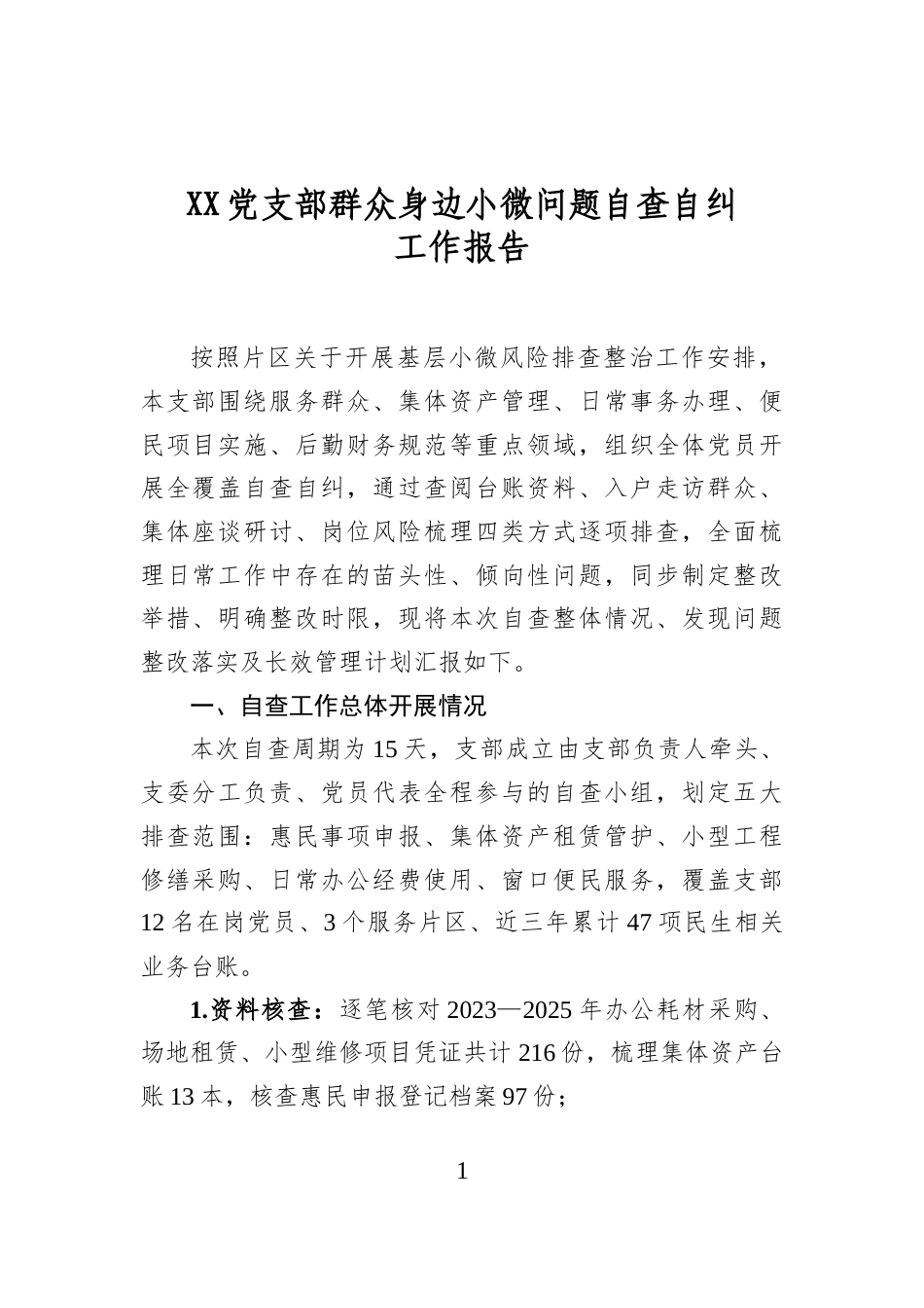 党支部群众身边小微问题自查自纠工作报告_第1页
