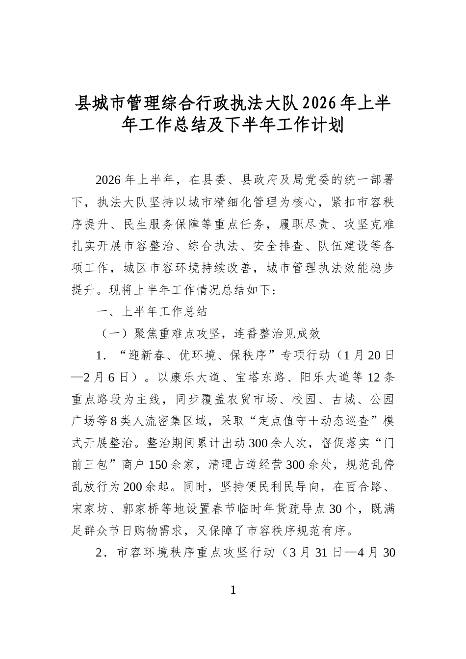 县城市管理综合行政执法大队2026年上半年工作总结及下半年工作计划_第1页