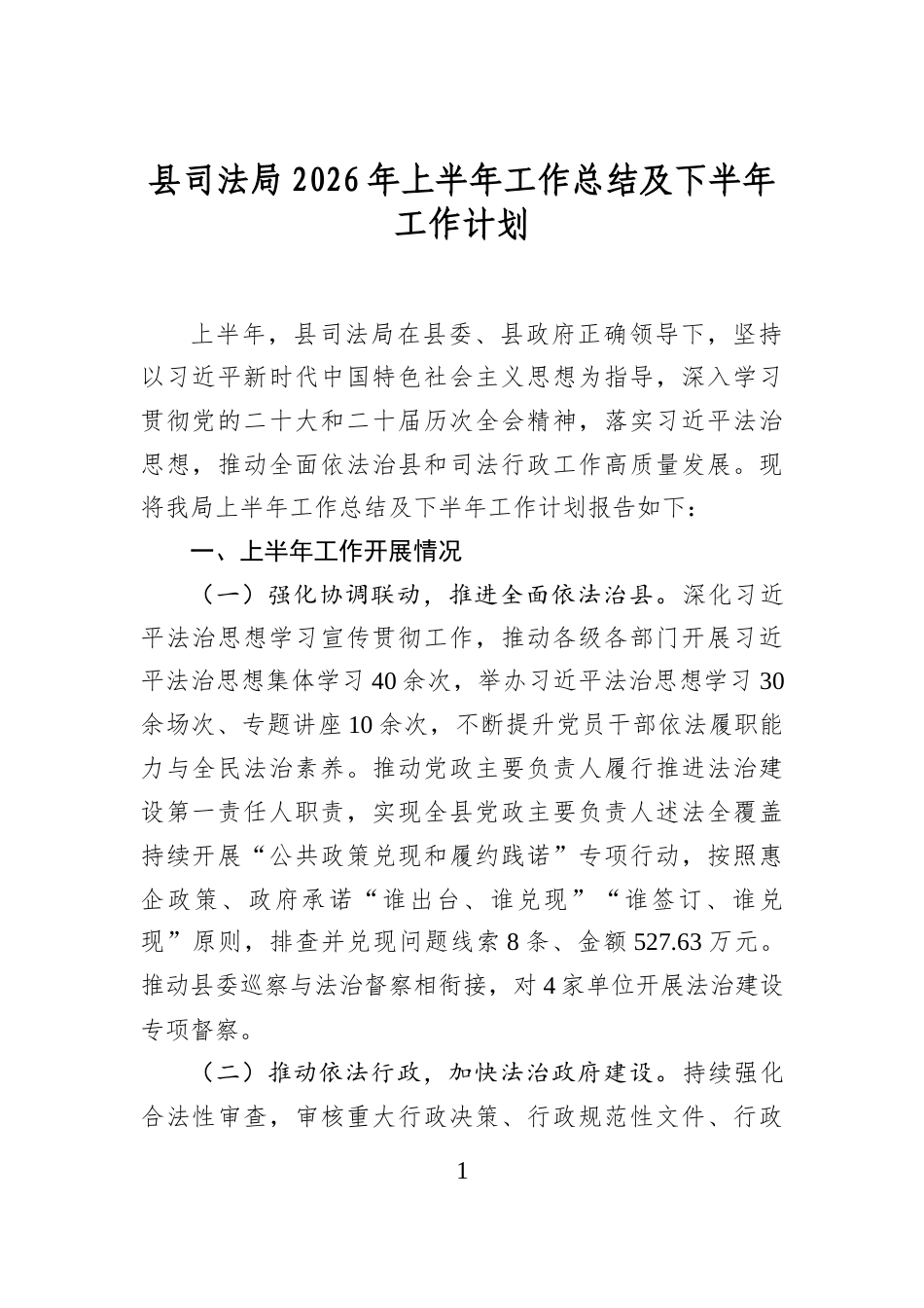 县司法局2026年上半年工作总结及下半年工作计划_第1页