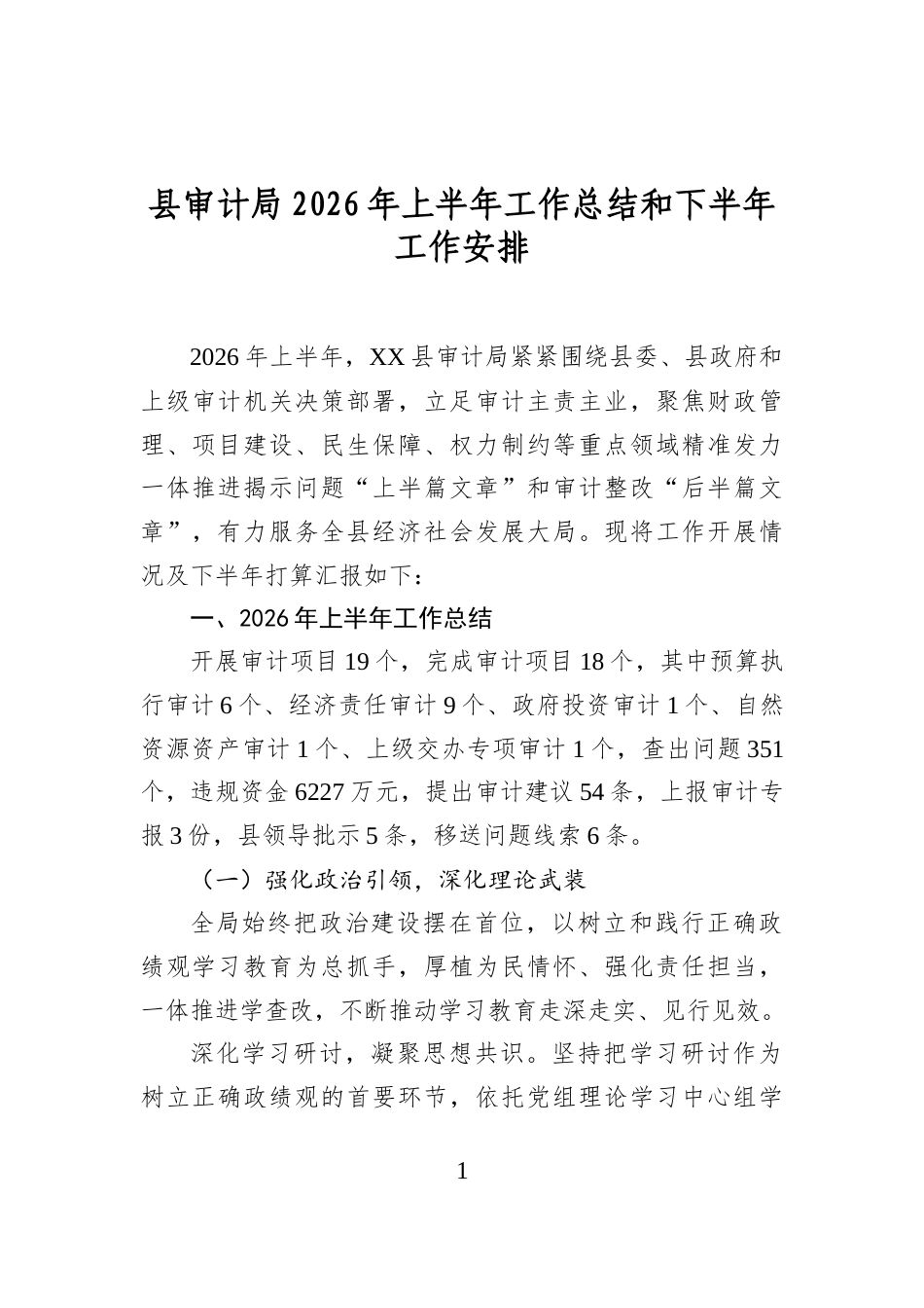 县审计局2026年上半年工作总结和下半年工作安排_第1页