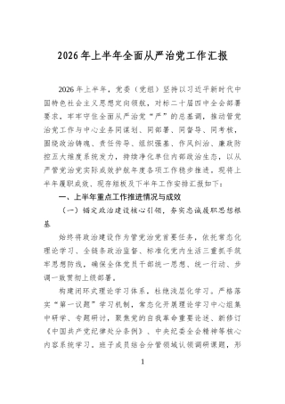 2026年上半年全面从严治党工作汇报