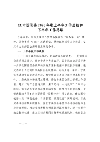 市国资委2026年度上半年工作总结和下半年工作思路计划