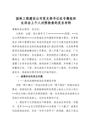 园林工程建设公司党支部书记在专题组织生活会上个人对照检查的发言材料