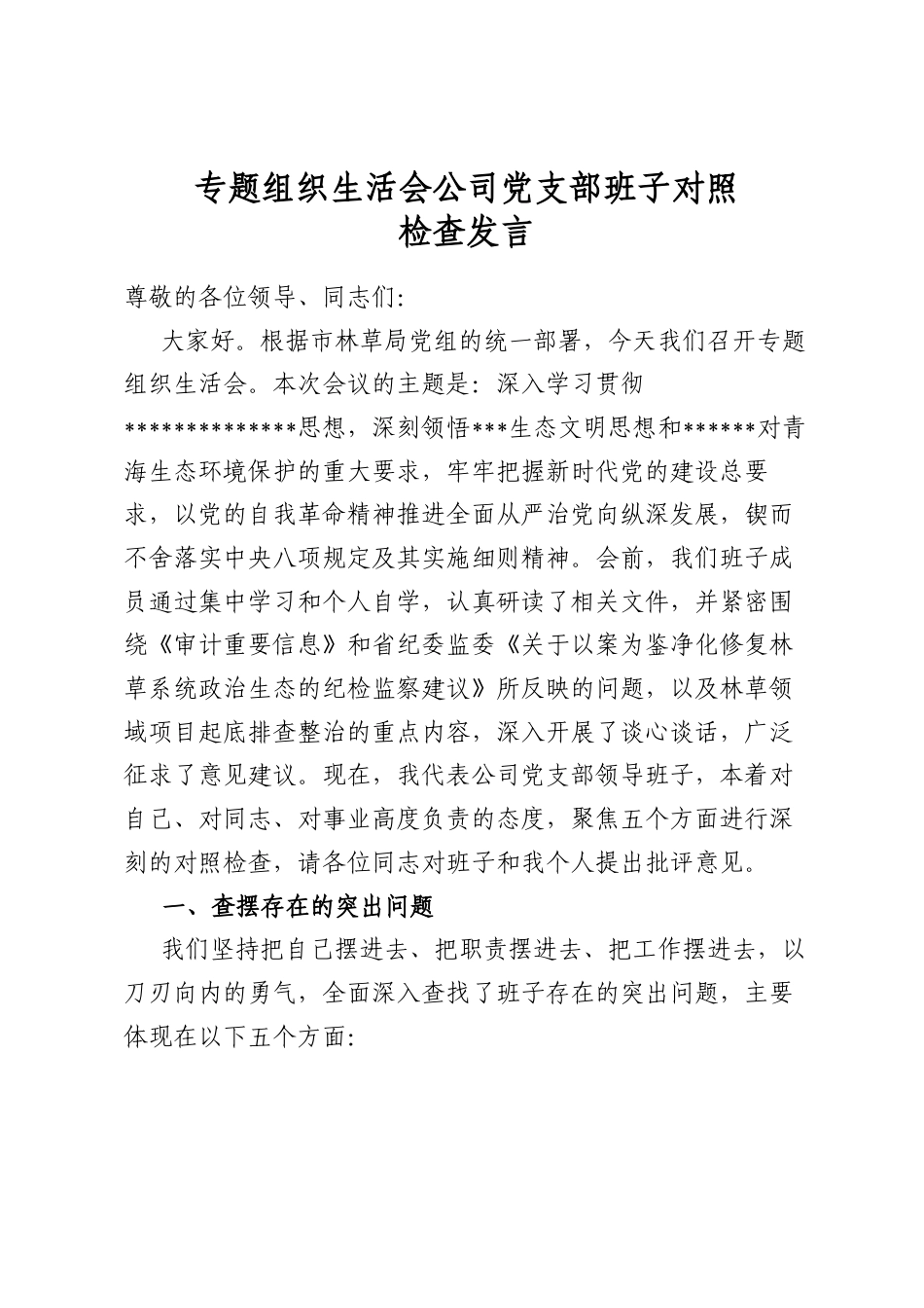 专题组织生活会公司党支部班子对照检查发言_第1页
