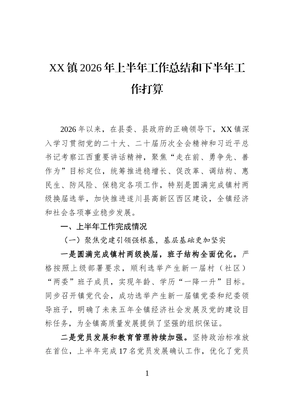 XX镇2026年上半年工作总结和下半年工作打算_第1页