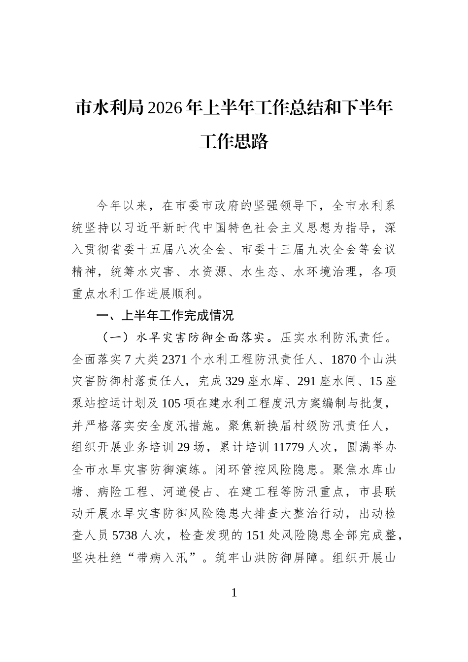 市水利局2026年上半年工作总结和下半年工作思路_第1页