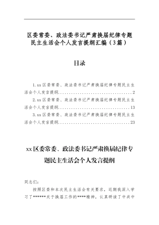区委常委、政法委书记严肃换届纪律专题民主生活会个人发言提纲汇编（3篇）