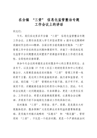 在全镇“三资”信息化监管整治专题工作会议上的讲话