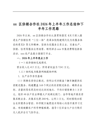 区供销合作社2026年上半年工作总结和下半年工作思路计划