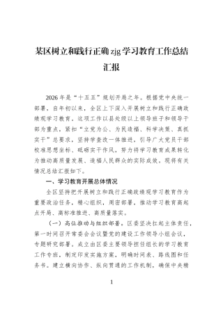 某区树立和践行正确政绩观学习教育工作总结汇报