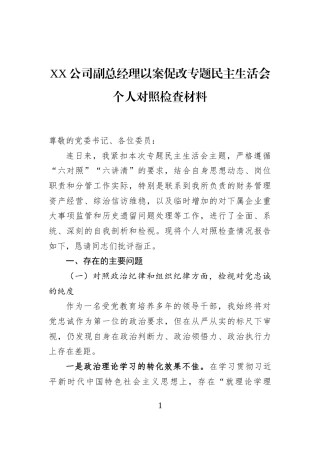XX公司副总经理以案促改专题民主生活会个人对照检查材料
