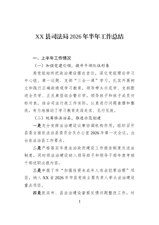 XX县司法局2026年半年工作总结