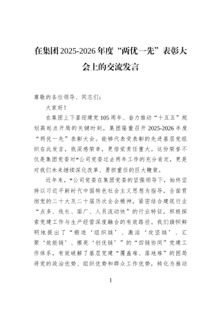 在集团2025-2026年度“两优一先”表彰大会上的交流发言 (1)