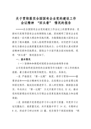 关于贯彻落实全国国有企业党的建设工作会议精神“回头看”情况的报告