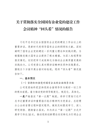 关于贯彻落实全国国有企业党的建设工作会议精神“回头看”情况的报告 (1)
