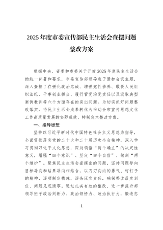2025年度市委宣传部民主生活会查摆问题整改方案