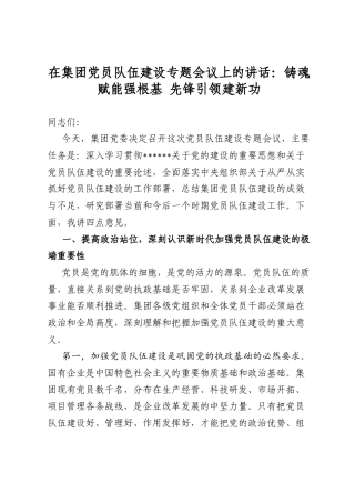 在集团党员队伍建设专题会议上的讲话：铸魂赋能强根基先锋引领建新功