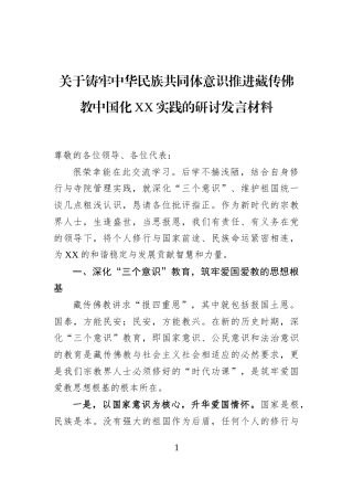 关于铸牢中华民族共同体意识推进藏传佛教中国化XX实践的研讨发言材料