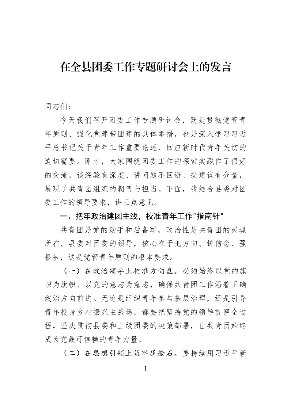 在全县团委工作专题研讨会上的发言_第1页