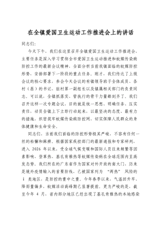 在全镇爱国卫生运动工作推进会上的讲话